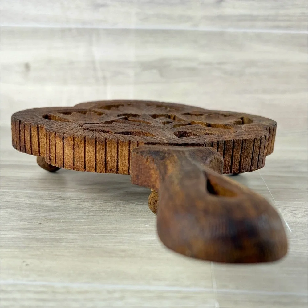 Wooden Trivet Open Work Vintage Handle 3 Ball Feet Hot Dish Hanging Decor MCM